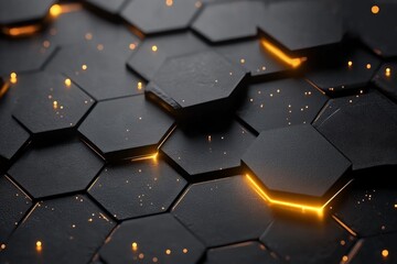 Fototapete - Illuminated hexagonal patterns create a futuristic atmosphere in a dark setting