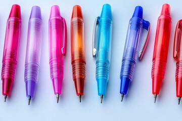 Poster - Collection of vibrant pens arranged in a colorful gradient on a light background during daylight