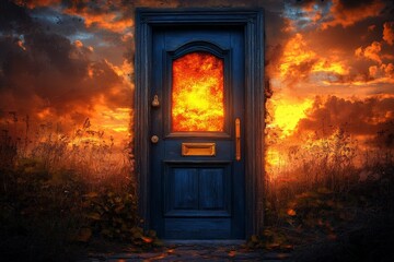 Poster - Mysterious blue door surrounded by fiery sunset and dark clouds in a natural landscape