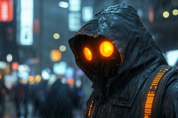 Poster - Mysterious figure with glowing eyes walks through rainy urban streets at night