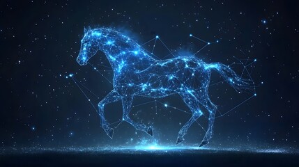 Poster - A digital art piece depicting a horse made of glowing constellations against a dark, starry backdrop. Animal star constellation. Sky zodiac horoscope background