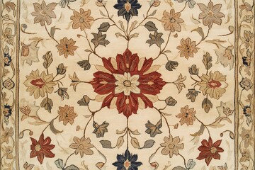 Poster - Elegant floral design on a classic rug showcasing intricate embroidery patterns in warm colors