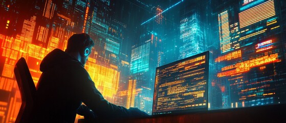background with a programmer wearing headphones in front of code on screen, great for technology blo