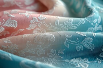 Aufkleber - Beautifully woven fabric with intricate floral patterns in vibrant pastel colors on soft drapes
