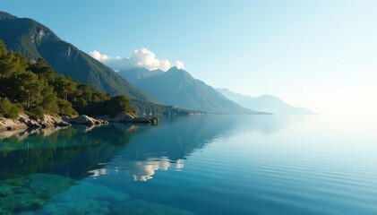 Wall Mural - Distinctive shoreline curves mirrored in calm water, water, tranquil