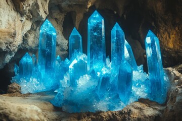 Poster - Beautiful blue crystals shining in a cave surrounded by stones and rock formations