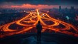 © YOUR - Man stands overlooking vibrant city skyline with complex highway system