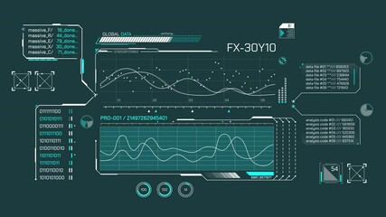 High-tech interface for data processing with animated HUD elements
