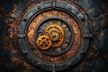 Aufkleber - Intricate gears revealed through weathered iron surface showcasing mechanical artistry in an industrial setting