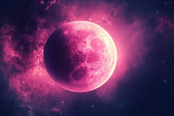 Aufkleber - Bright pink planet surrounded by a vibrant cosmic nebula in deep space