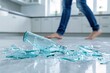 © Darunee - Home Accident Danger: Person Slipping on Spilled Liquid from Broken Glass Bottle in Kitchen