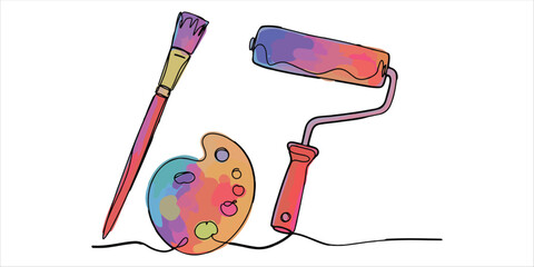 paint brush and paint roller, on one continuous line minimalist continuous single line self drawing animation featuring an abstract illustration of a paintbrush and a paint roller