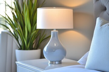 Poster - Stylish bedside lamp illuminates modern bedroom decor with greenery in background
