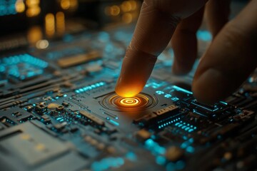 Fototapete - Advanced technology interface being activated with a finger touch on a circuit board at night