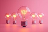 minimalizm, żarówka, świecąca żarówka, zgaszone żarówki, tło różowe, koncepcja kreatywności, innowacje, kreatywne myślenie, pomysł, inspiracja, symbol sukcesu, inteligencja, światło, nowoczesny design