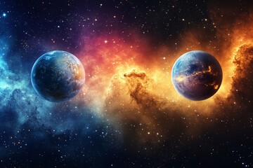 Aufkleber - Two distant planets floating in a cosmic landscape filled with vibrant colors and swirling clouds