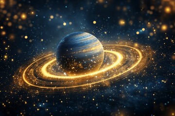 Poster - Colorful cosmic view of a planet with rings surrounded by shimmering stars in a dark universe