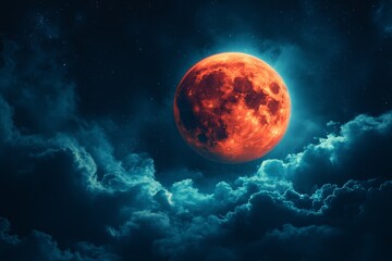 Poster - Full orange moon glowing brightly against a dark, cloudy night sky