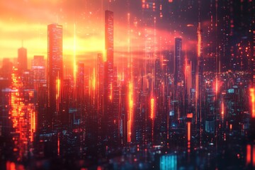 Aufkleber - City skyline illuminated by vibrant sunset and digital elements showcasing modern architecture