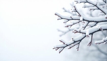 Wall Mural - Snow covered branches, stark white on white backdrop, abstract, serene