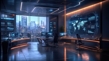 Modern office with transparent holographic screens and futuristic data overlays, sleek design 
