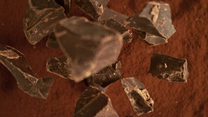 Poster - Super Slow Motion of Falling Group of chocolate pieces. Falling Down into Cocoa Powder. Filmed on High Speed Cinema Camera, 1000fps.
