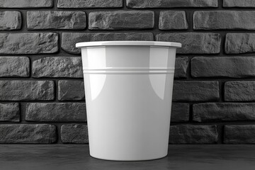 Poster - White plastic bucket against a textured brick wall creating a minimalist aesthetic in a modern space