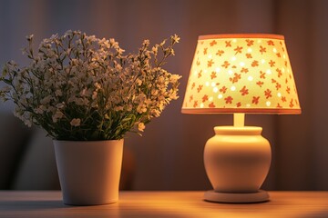 Poster - Warm glow from a decorative lamp highlights a potted flower arrangement in a cozy indoor setting at evening