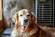 © IRINA - The dog in front of the fan. Cooling in hot weather. Air conditioning for animals. Animal care in summer.