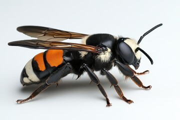 Close-up of a colorful hornet with vivid orange and black patterns.