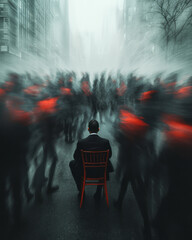 Poster - A man sitting on an invisible chair in the middle of an empty city, as if he exists in a separate