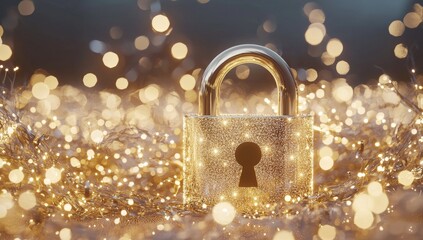 Stock photo of a digital security shield and lock symbol superimposed over a binary code background
