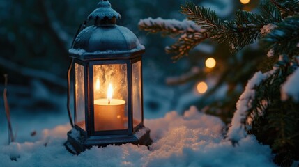 Wall Mural - Candle in Snow Next to Tree