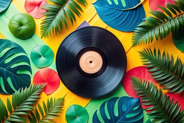 Wall Mural - Colorful Abstract Music Vinyl Record & Leaf Minimalist Art