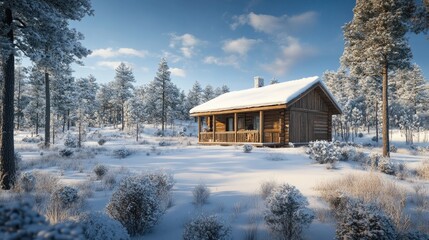 Wall Mural - snowy forest cabin
