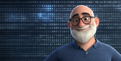 A 3D illustration features an elderly man with glasses who is engaged in coding, with a green and yellow background that incorporates digitisation