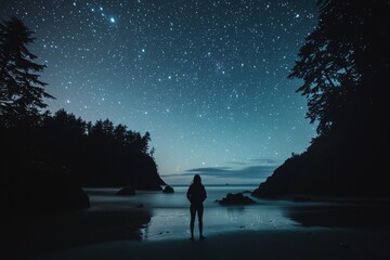 Wall Mural - a long exposure photo captures a night sky full of stars, featuring the silhouette of a faceless hum