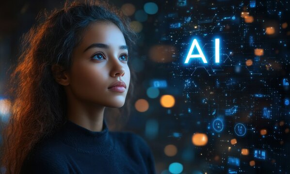 Concept of curiosity and wonder as the woman stares at the glowing letters
