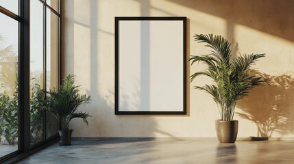 Fototapete - Sunlight streams through large windows, casting soft shadows on a minimalist wall. Lush green plants stand beside a blank canvas, inviting artistic expression in a tranquil setting