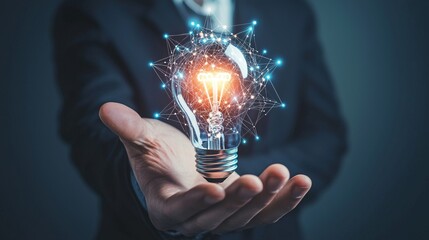 Wall Mural - a glowing digital brain is held by a business professional, signifying a fusion of technology, innov