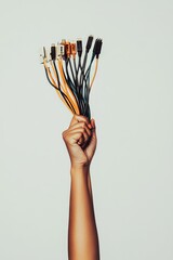 A colourful array of tech wires is clutched by a hand and lit up by a direct and intense flashlight