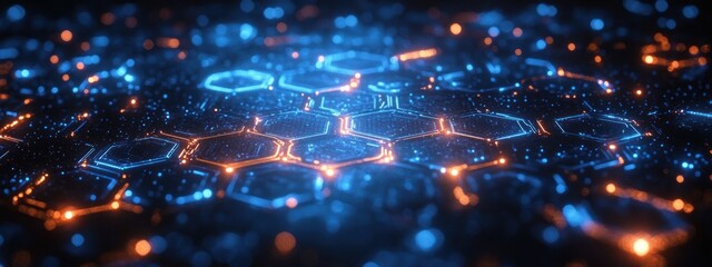 Futuristic Digital Network Design Cyberpunk Style Abstract Illustration Glowing Blue Circuit Patterns Hexagonal Shapes Dark Background