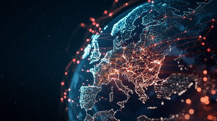 Europe's map serves as the foundation for a high-tech digital network, with a background that incorporates circuit boards and binary code, signifying the infrastructure of modern internet