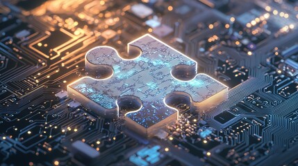 A futuristic blue abstract background provides the setting for interlocking digital puzzle pieces that glow, symbolizing the concept of seamless API integration and connectivity