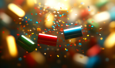 Colorful cylinders exploding with confetti, festive celebration background. Perfect for greeting cards, party invitations, and celebratory designs.