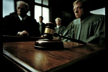 Leinwandbilder - A highly detailed shot of a judge's hand about to strike the gavel blurred figures of lawyers in the background 