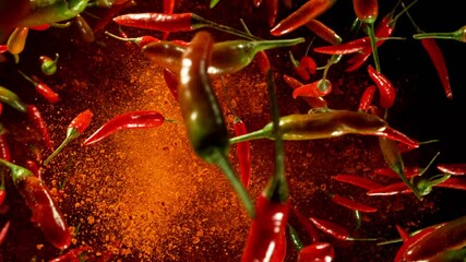 Poster - Super Slow Motion of Flying and Rotating Chilli Peppers with Dry Chilli Powder. Black Background. Filmed on High Speed Cinema Camera, 1000 fps, Placed on High Speed Cine Bot.