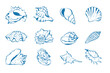 © chekiwart - Hand drawn sea shells set in sketch style. Simple design for greeting cards, invitations, poster, postcards, branding, logo design