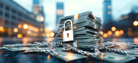 Fototapete - A stack of cash secured with a lock and chains emphasizes the importance of financial safety and privacy. This setting reflects modern banking standards and privacy protection measures.