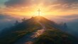 © Tatyana - Christian Cross on Hilltop at Sunrise with Path and Lush Greenery